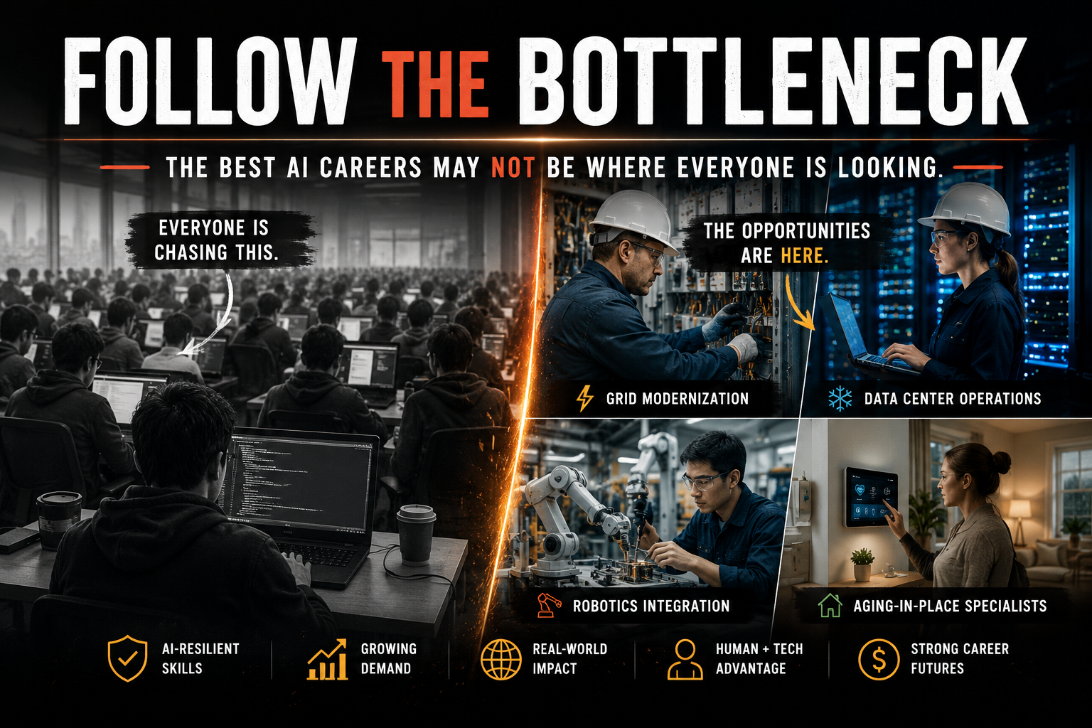 Follow the Bottleneck graphic showing AI career opportunities in grid modernization, data center operations, robotics integration, and aging-in-place specialties.