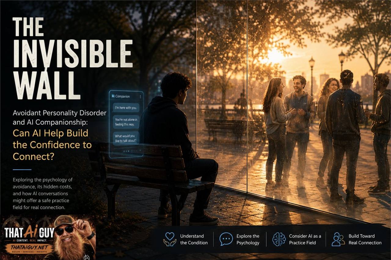 The Invisible Wall article graphic showing a person on a park bench separated by glass from a group of people, with an AI companion chat interface nearby.