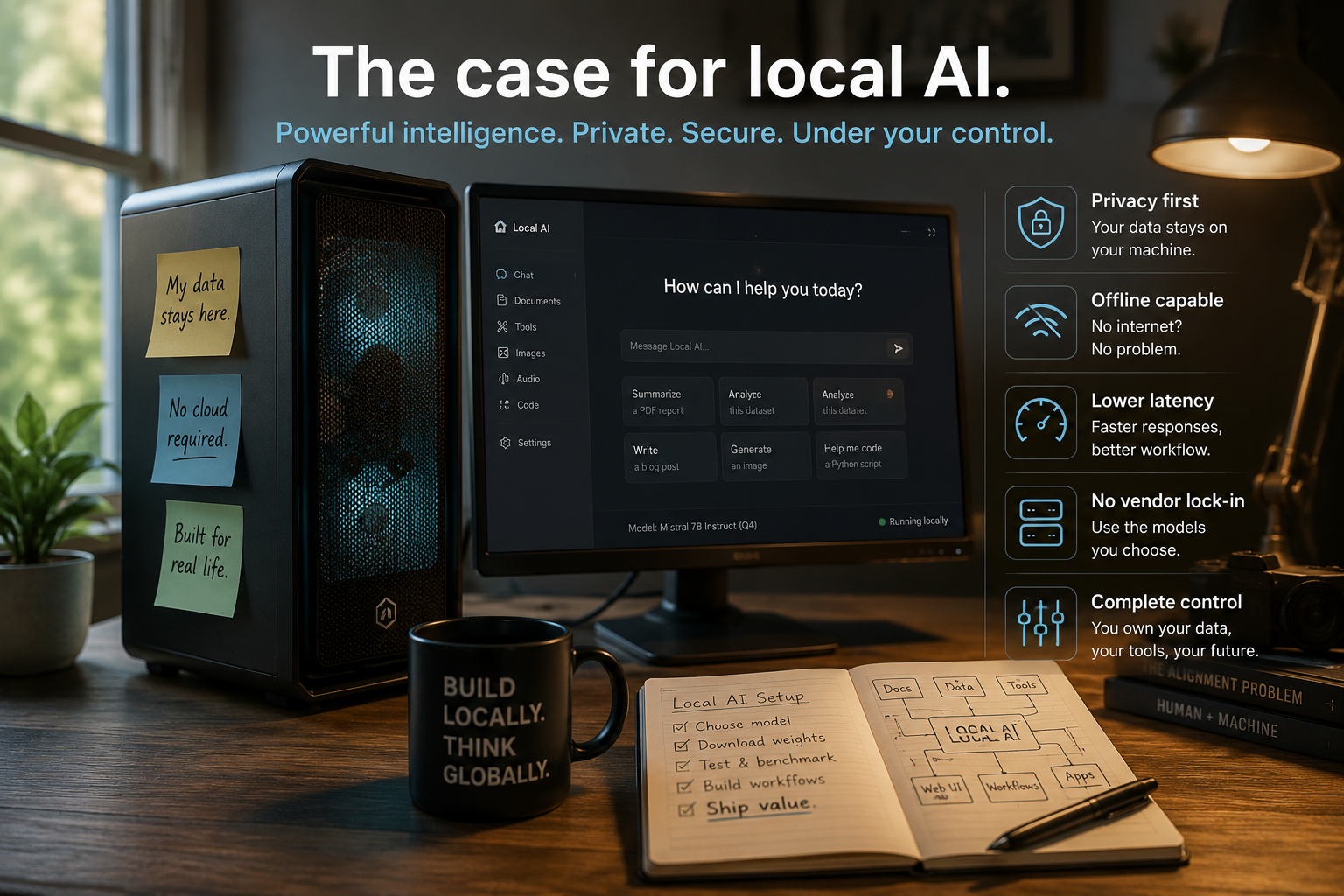 The case for local AI — a home workstation running a local AI model with sticky notes reading 'My data stays here', 'No cloud required', and 'Built for real life', alongside a monitor showing a local AI chat interface and callouts for privacy, offline capability, low latency, no vendor lock-in, and complete control.