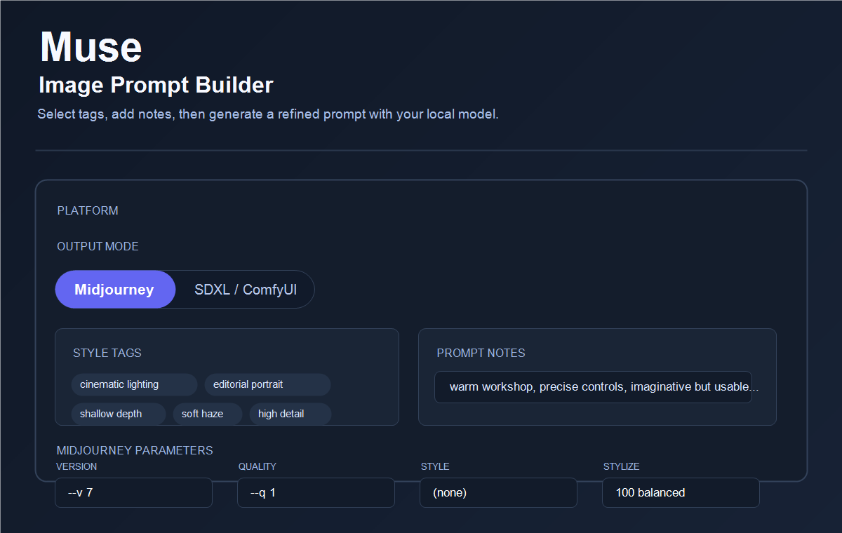 Muse image prompt builder interface.