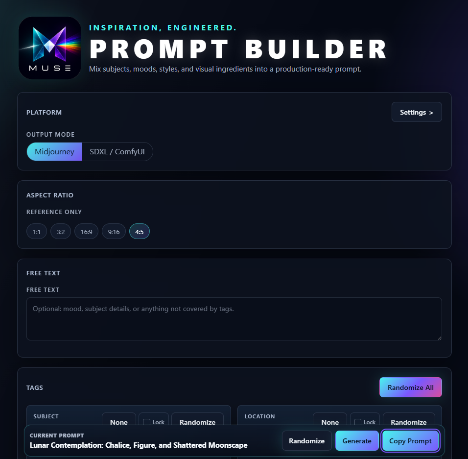 Muse prompt builder interface showing output mode, aspect ratio, free text, and prompt controls.