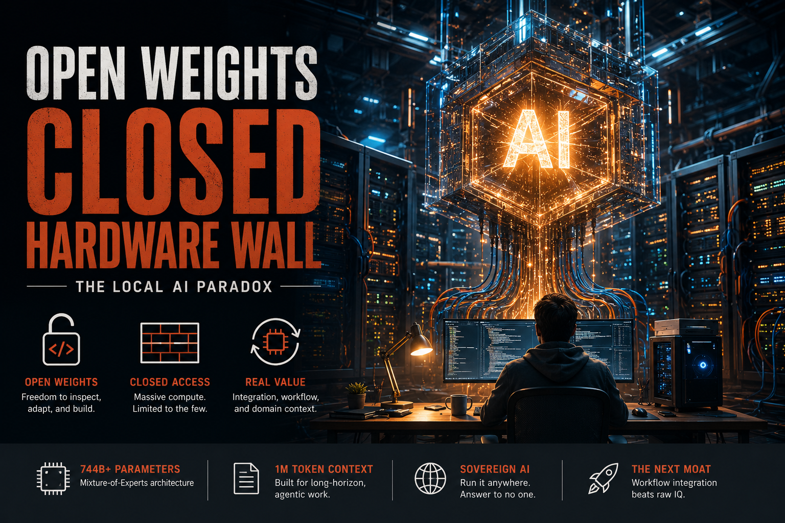 Open weights closed hardware wall hero graphic showing a glowing AI cube in a data center and a builder at a workstation.