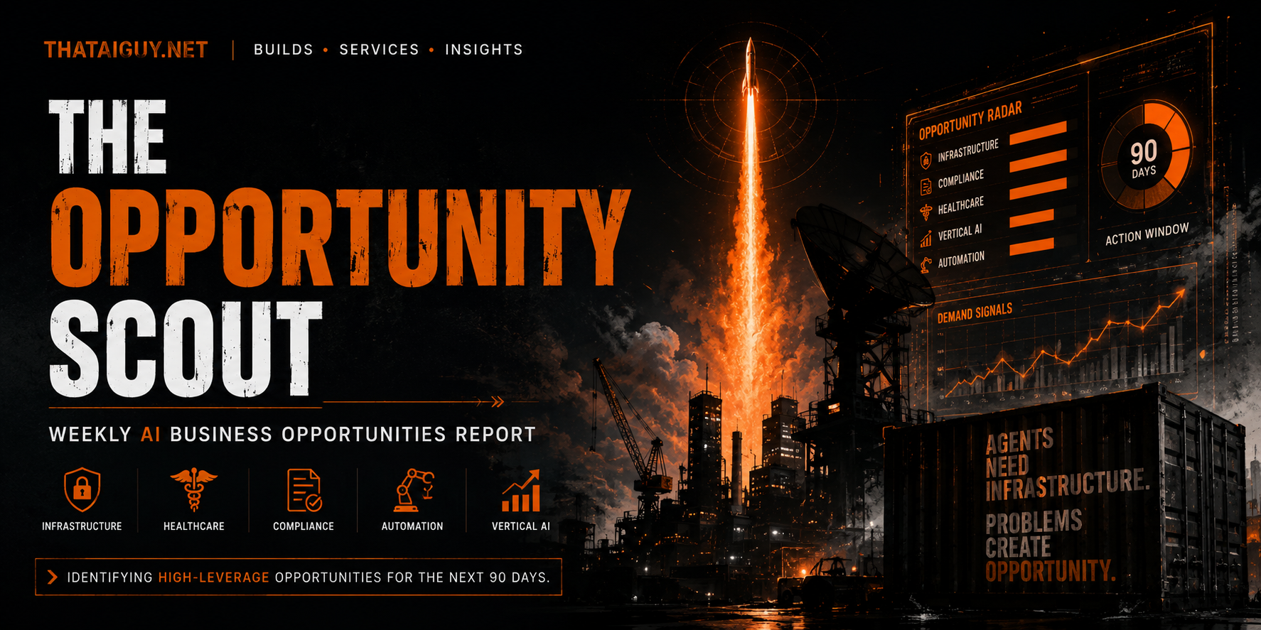 Opportunity Scout weekly AI business opportunities report graphic with a rocket launch and orange opportunity radar dashboard.