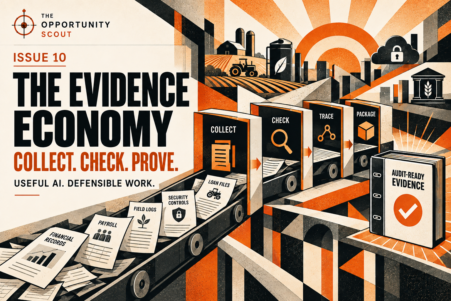 Opportunity Scout Issue 10: The Evidence Economy. Cream, black, and orange artwork shows records moving through collect, check, trace, and package stages into an audit-ready binder.