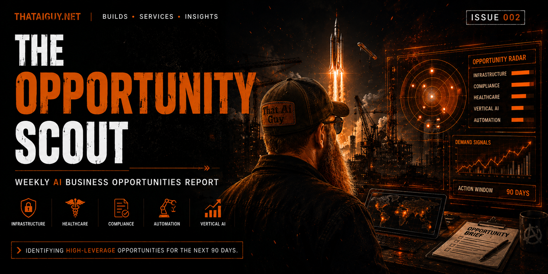 Opportunity Scout Issue 2 graphic for vertical AI workflows in construction, bonding, recruiting, compliance, and document operations.