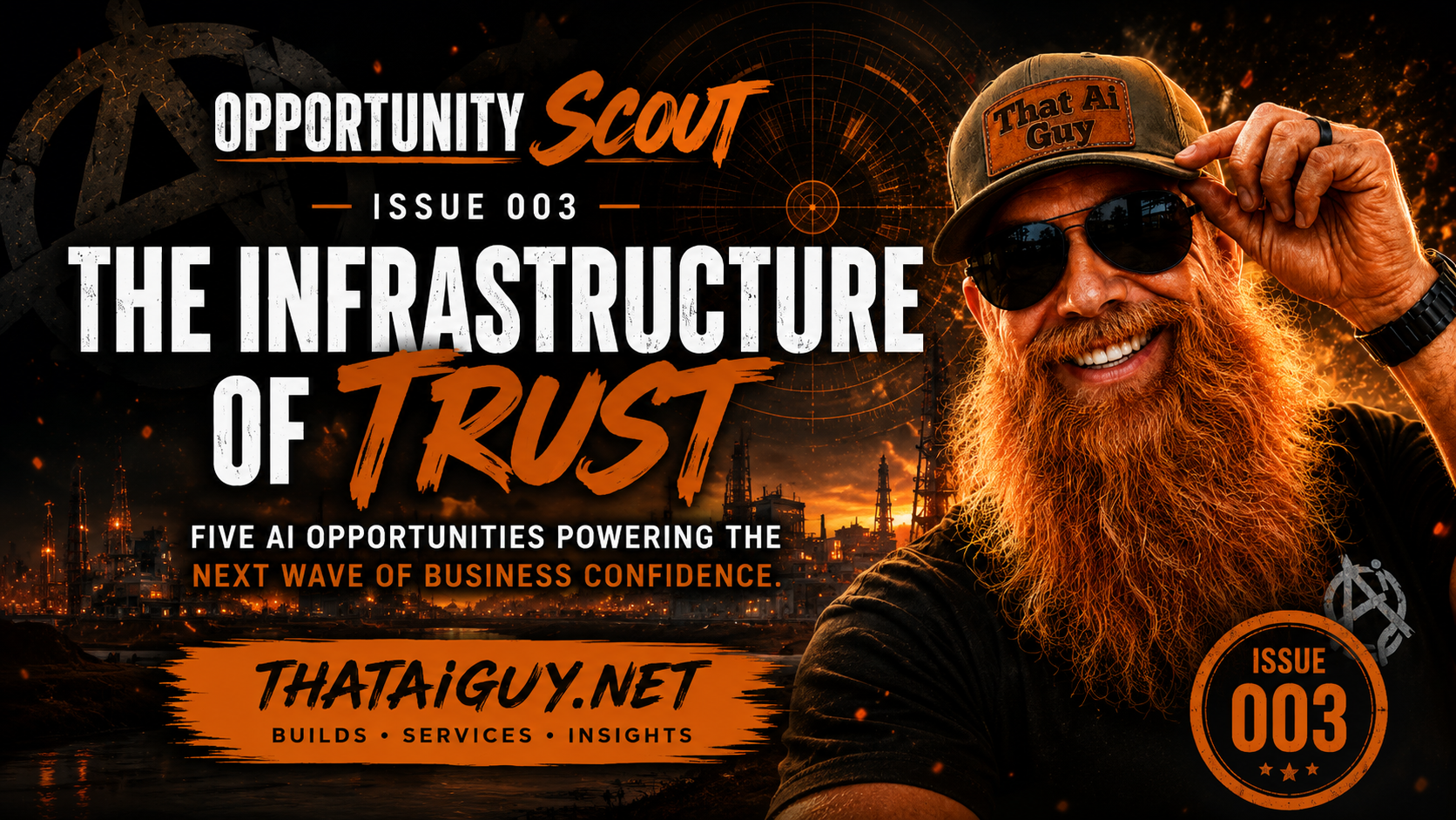 Opportunity Scout Issue 3 graphic with orange opportunity radar, industrial skyline, and the Issue 003 badge.