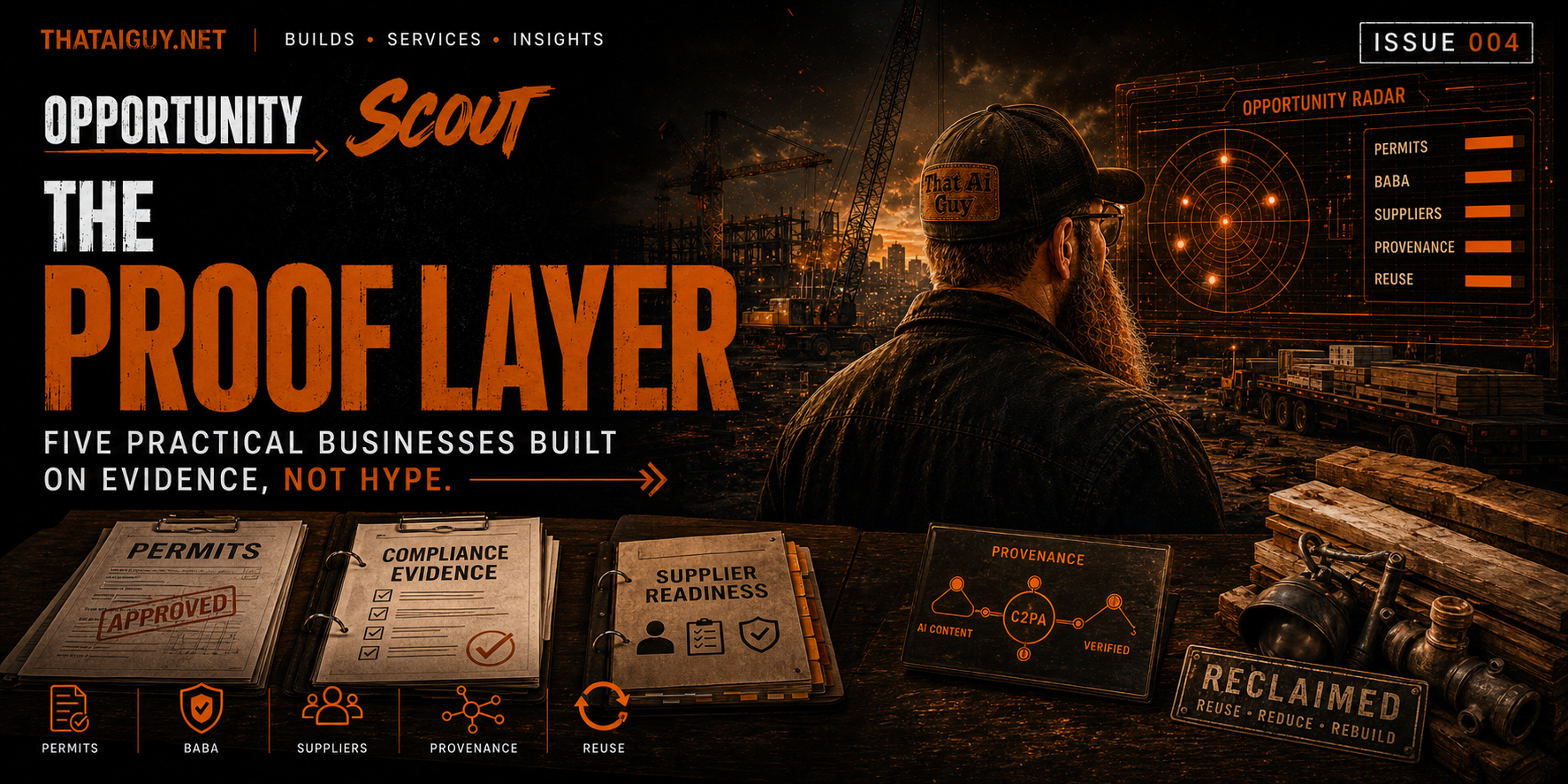 Opportunity Scout Issue 4 graphic showing an industrial planning desk, evidence binders, an orange opportunity radar, and the title The Proof Layer.