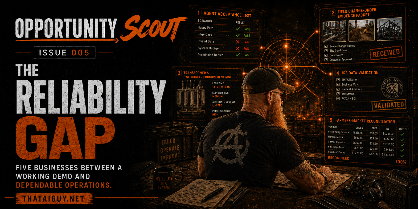 Opportunity Scout Issue 5 graphic showing a builder reviewing agent tests, field evidence, transformer risk, IRS validation, and farmers-market reconciliation dashboards.