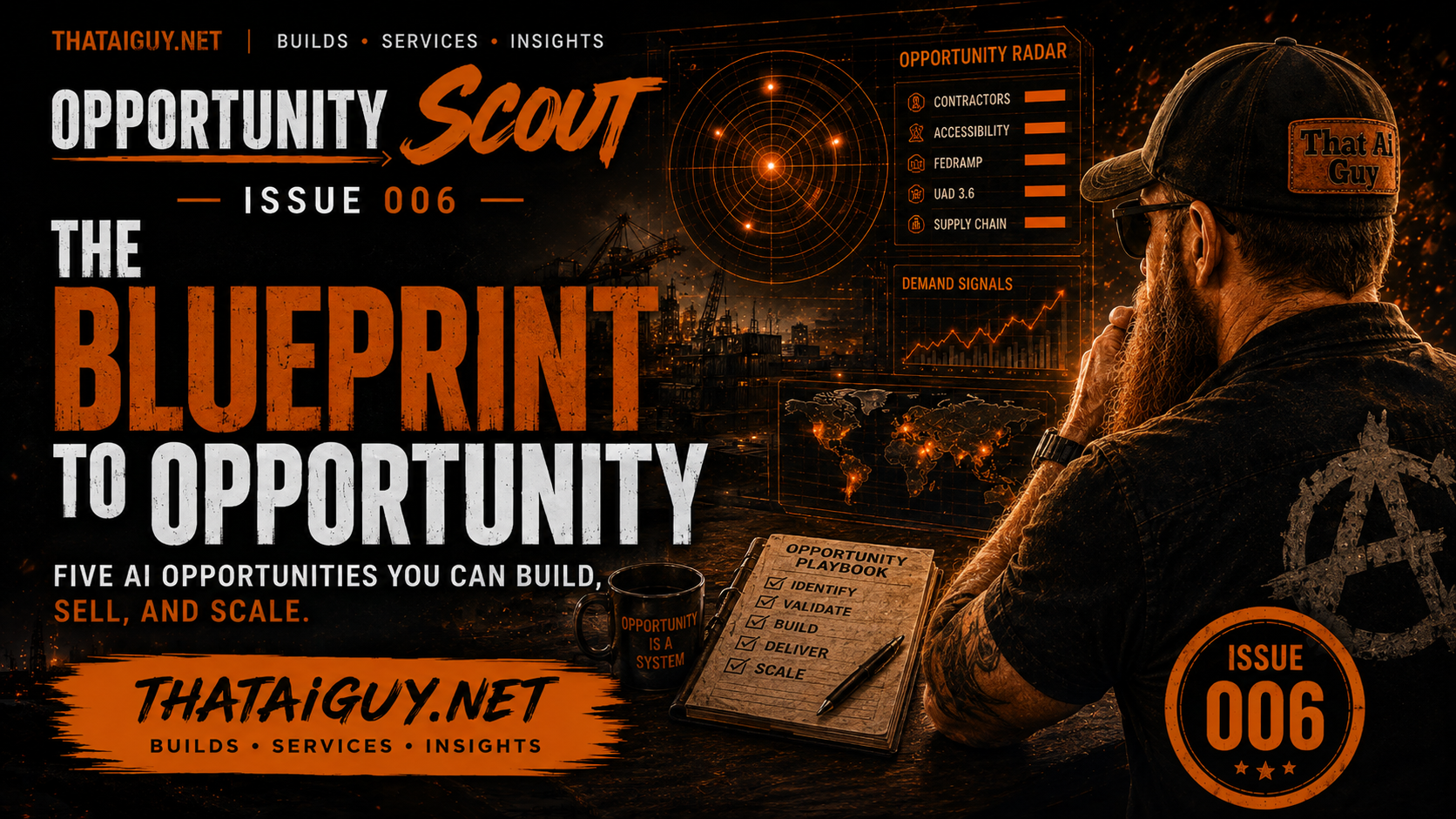 Opportunity Scout Issue 6 graphic titled The Blueprint to Opportunity, with a builder studying demand signals across contractors, accessibility, FedRAMP, UAD 3.6, and supply chains.