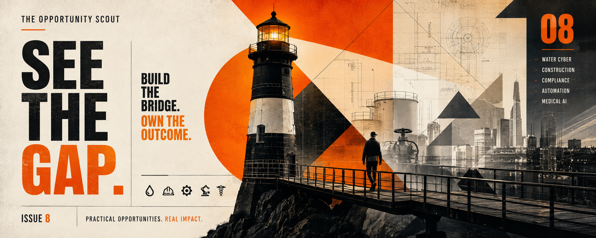 Opportunity Scout Issue 8 artwork reading See the Gap. Build the Bridge. Own the Outcome., with a lighthouse, a person crossing a bridge, industrial infrastructure, and orange geometric accents.