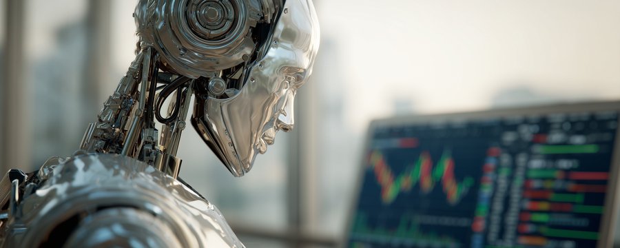 Humanoid robot looking toward market data screens.